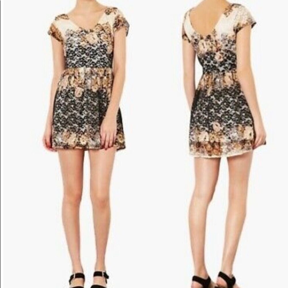 Topshop dress Black Brown Floral Lace overlay Skater Dress Size US 4 above knee